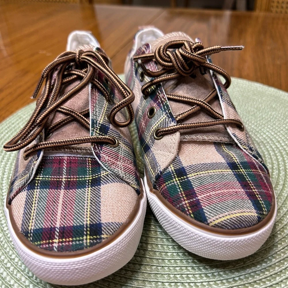 Plaid Pink and Brown Women's Sneakers - Picture 8 of 9